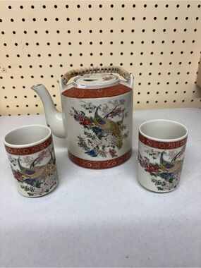 Porcelain Peacock Teapot with Two Cups - Red Accent
